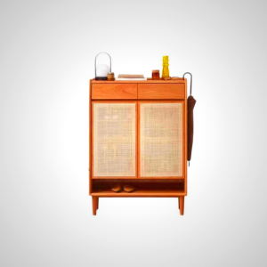 Hana Rattan Shoe Cabinet with Cherry Wood Frame - Ventilated Entryway Storage