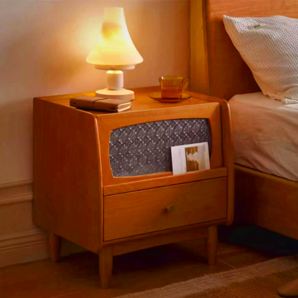 Evelyn Solid Wood Bedside Table with Cherry Wood & Glass Front