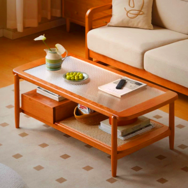 Hana Rattan Coffee Table with Solid Wood and Glass Top